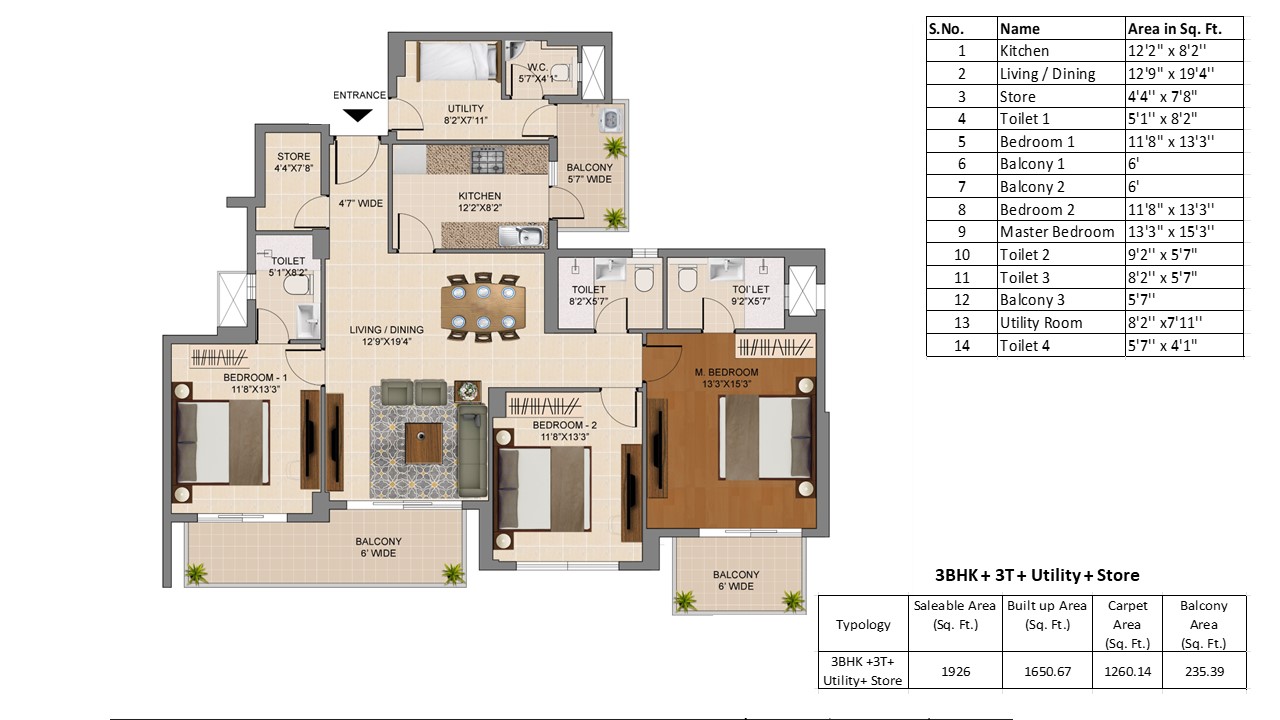  3BHK + 3WR + Store + Utility, Size : 1926 Sq.ft.